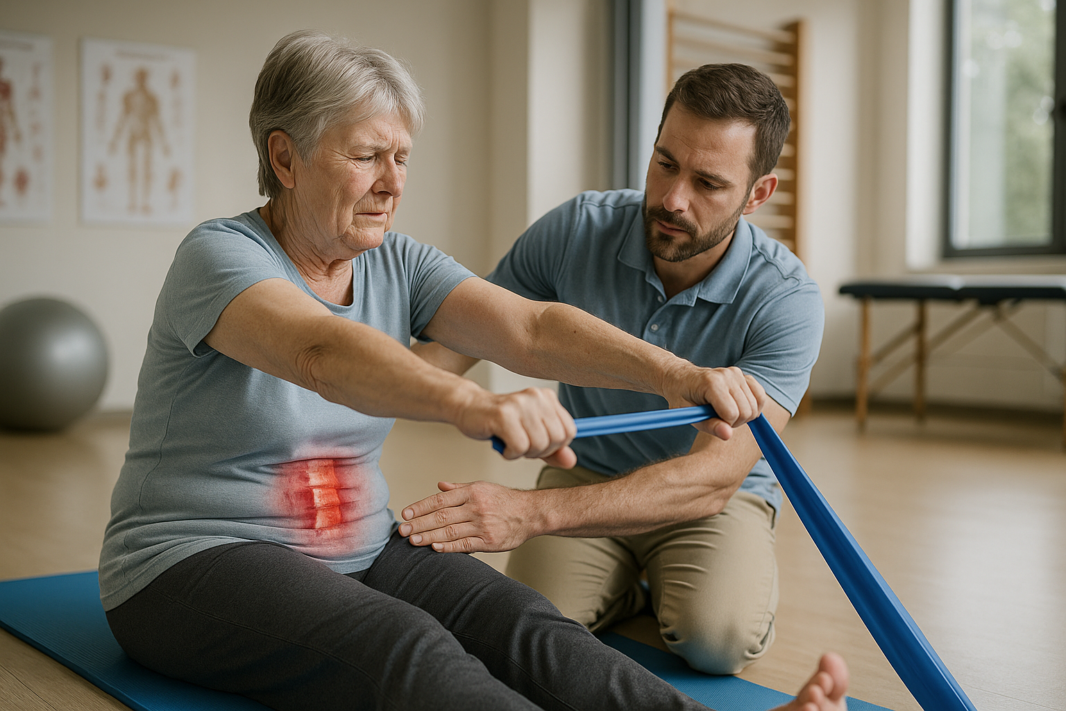 Übungsleser: effektive Übungen zur Rehabilitation nach einer wirbelkörperfraktur - Illustration